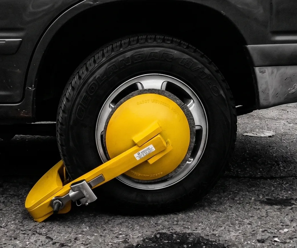 Wheel clamp immobilizing a parked vehicle